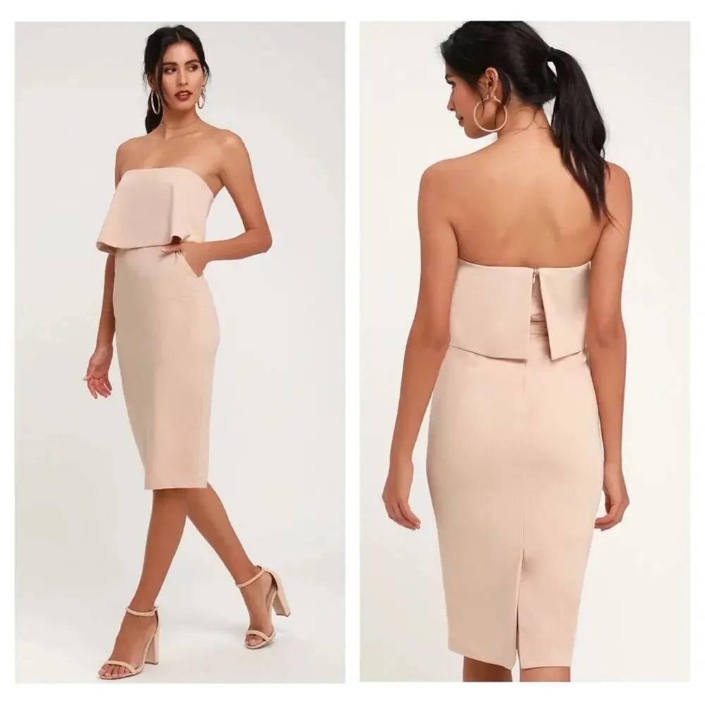 Lulus Lots of Love Beige Strapless Ruffle Bodycon Pencil Midi Dress XS